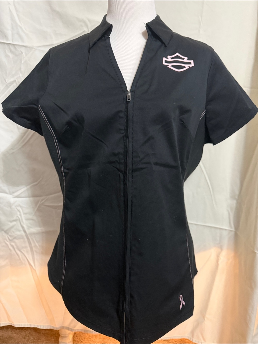 Harley-Davidson Black Zip-Front Short Sleeve Jacket with Pink Ribbon Accents